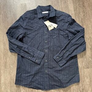 ZARA Men's Navy Blue Striped Long Sleeve Button Up Shirt Size XL